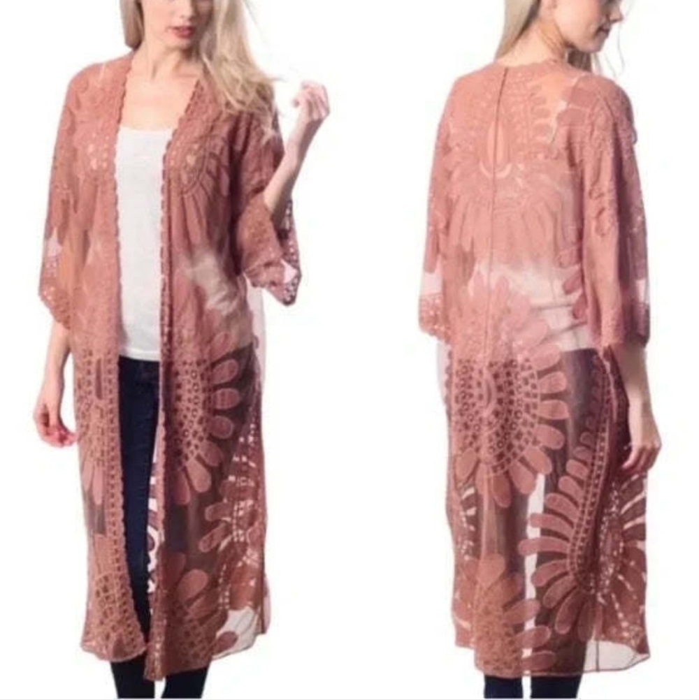 Rebellion Again Mauve Cotton Blend Embroidered Lacey Open Fron Kimono Duster S